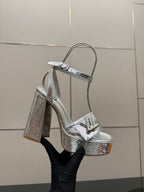 Ladies' Louis Vuitton platform heeled sandals with ankle strap, silver metallic