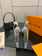 Ladies' Louis Vuitton platform heeled sandals, silver metallic sheen, high heel