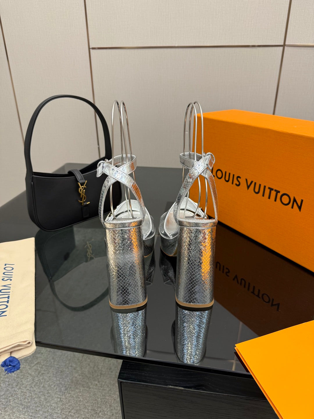 Ladies' Louis Vuitton platform heeled sandals, silver metallic sheen, high heel