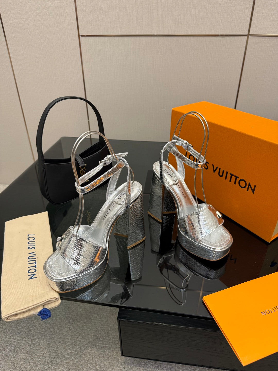 Ladies' Louis Vuitton platform heeled sandals, silver metallic straps and block heel