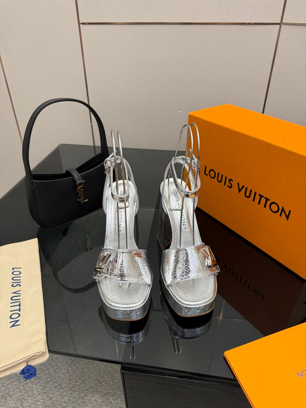 Ladies' Louis Vuitton platform heeled sandals, silver metallic with ankle strap