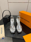Ladies' Louis Vuitton platform heeled sandals, silver metallic with ankle strap