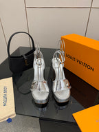 Ladies' Louis Vuitton platform heeled sandals, silver metallic with ankle strap