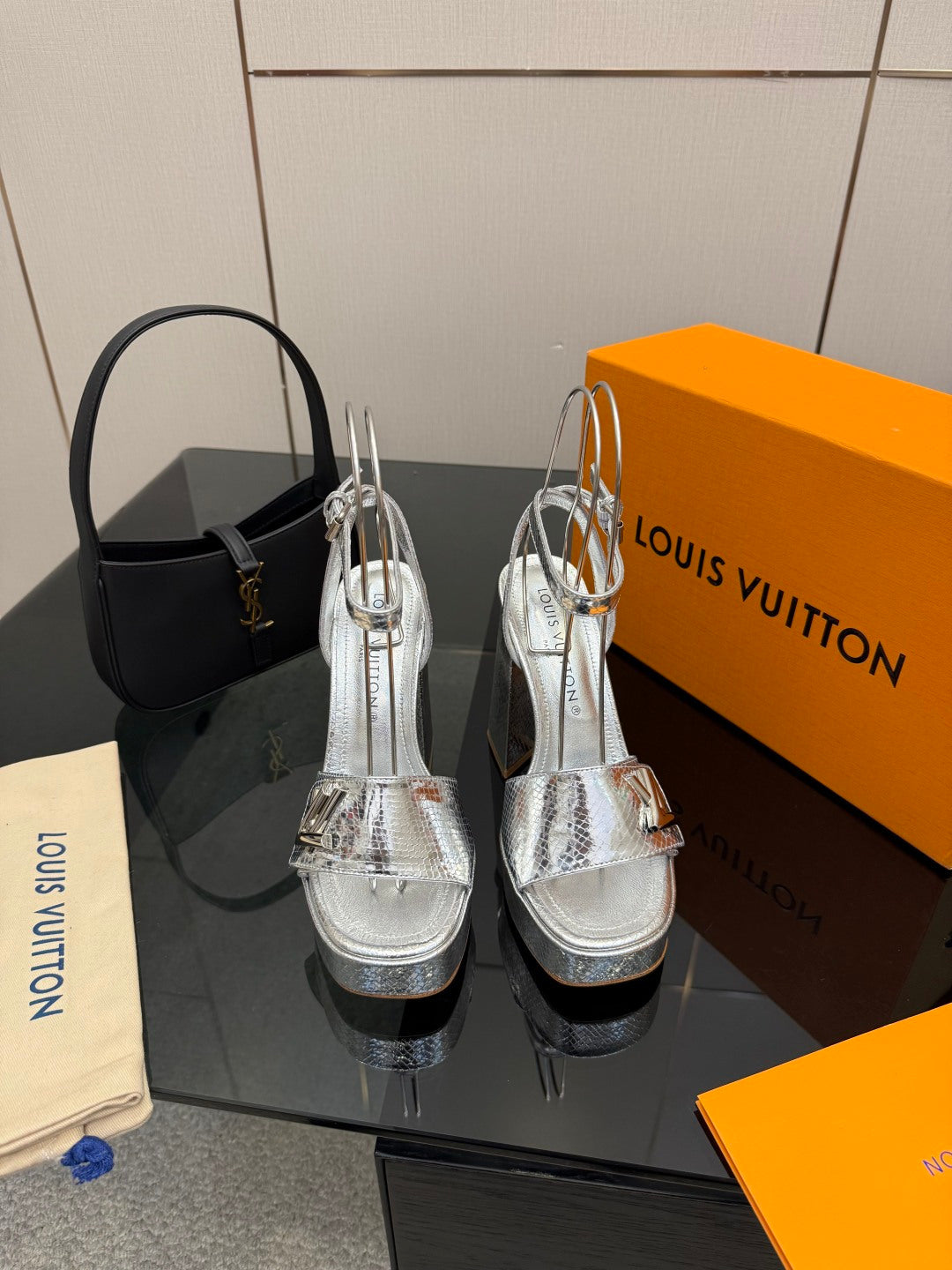 Ladies' Louis Vuitton platform heeled sandals, silver metallic with ankle strap
