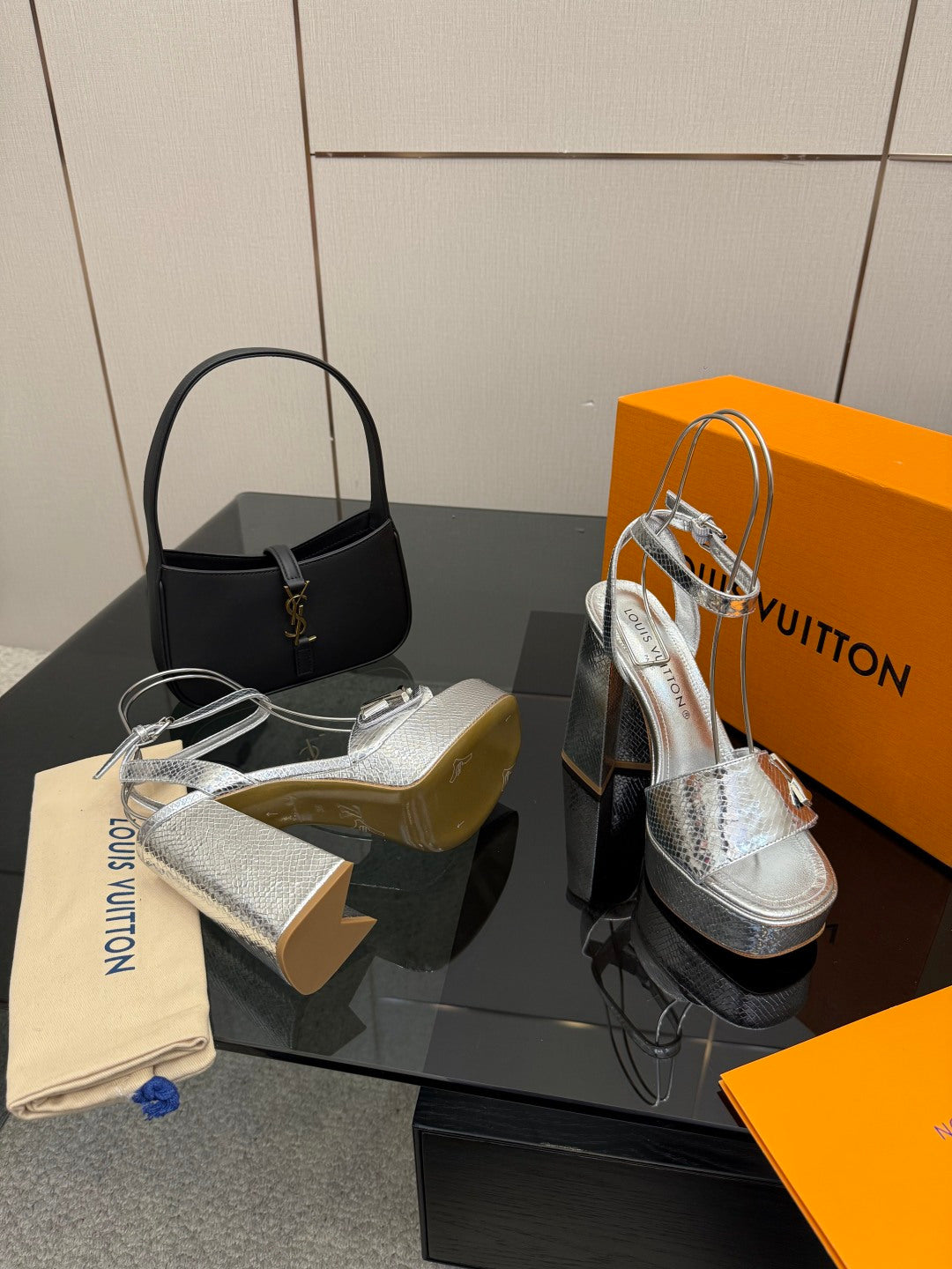Ladies' Louis Vuitton platform heeled sandals, silver metallic with chunky heel