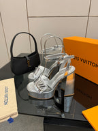 Ladies' Louis Vuitton platform heeled sandals, silver metallic, high block heel