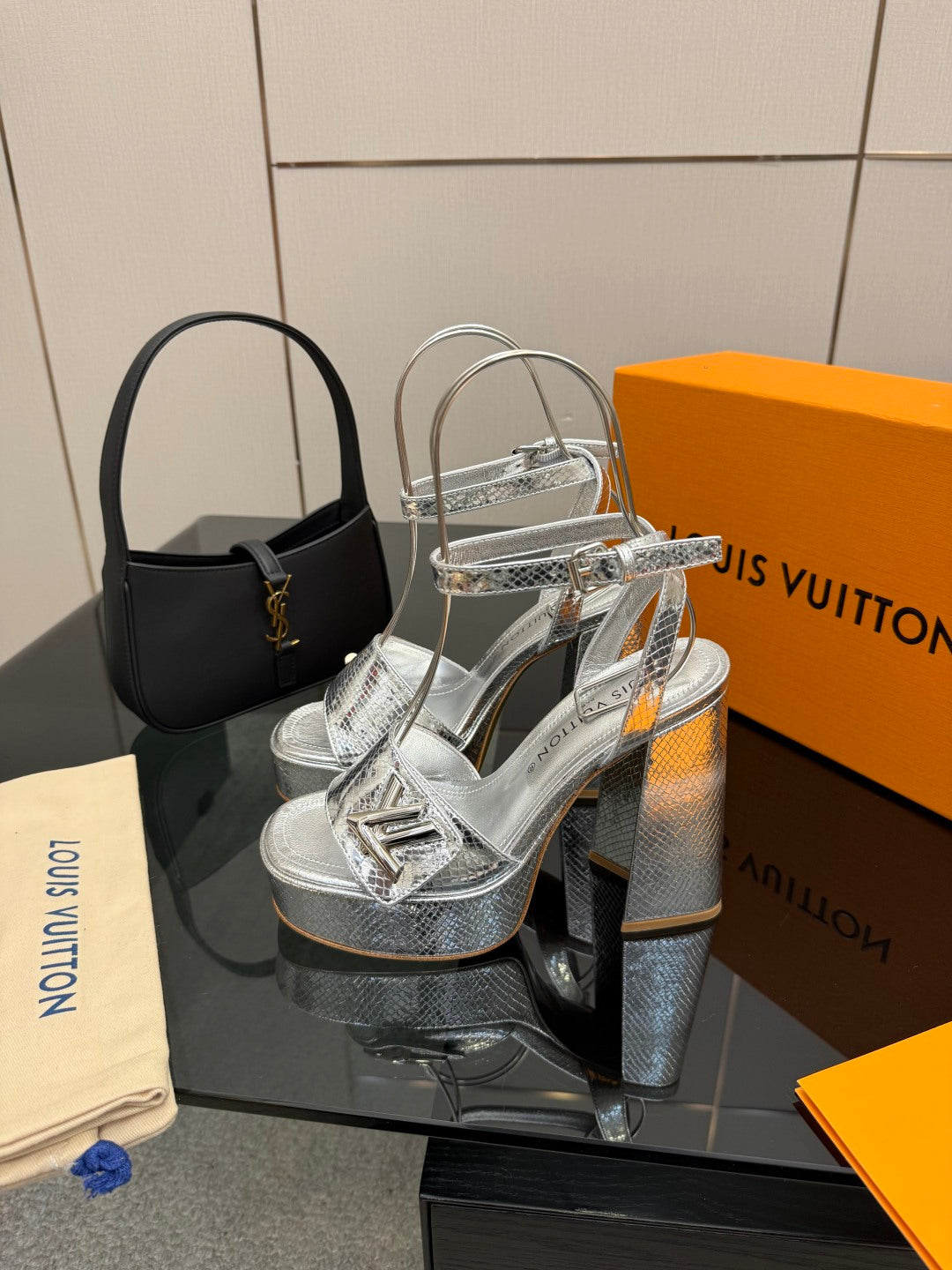 Ladies' Louis Vuitton platform heeled sandals, silver metallic, high block heel