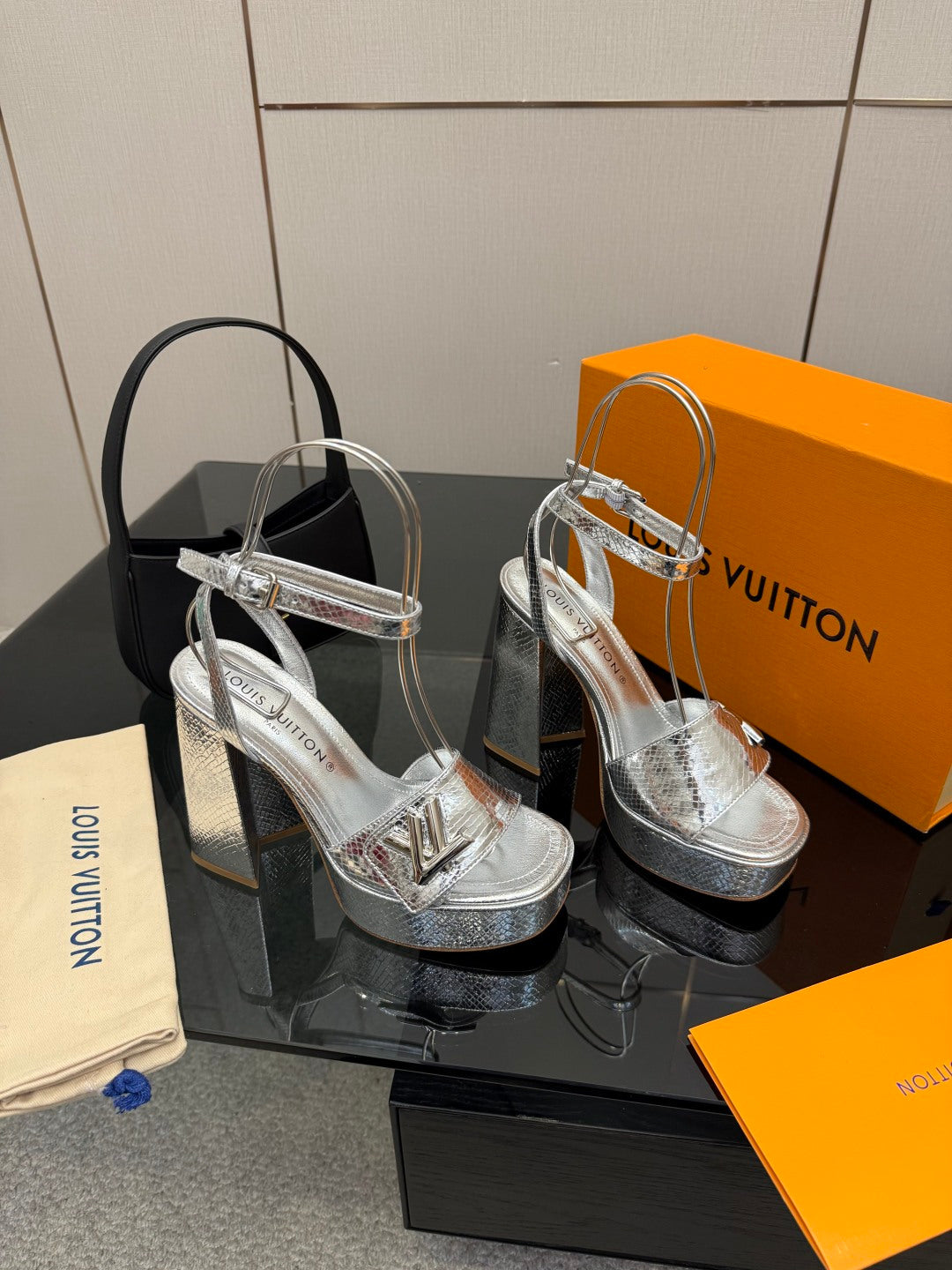 Ladies' Louis Vuitton platform heeled sandals with T-strap, silver metallic