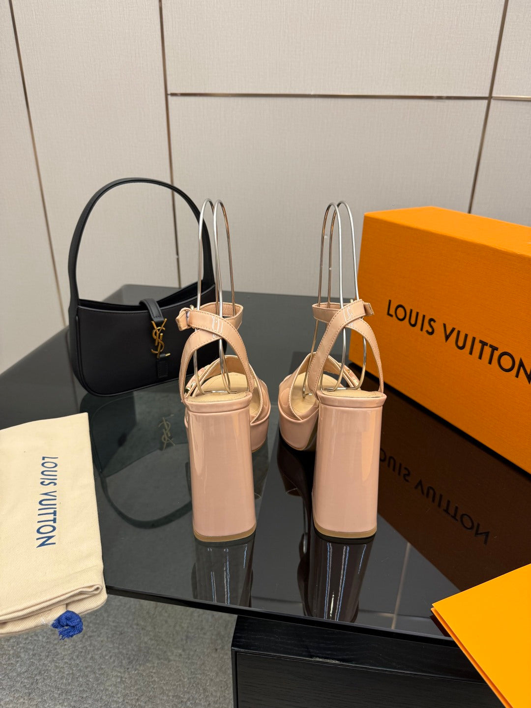 Beige Louis Vuitton heeled sandals with front buckle detail and block heel