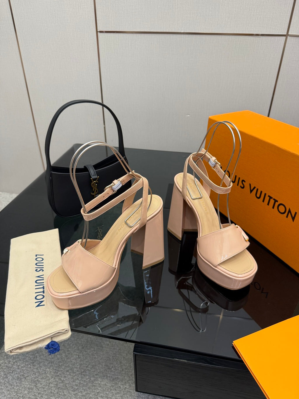 Beige Louis Vuitton heeled sandals with slingback strap and thick platform sole