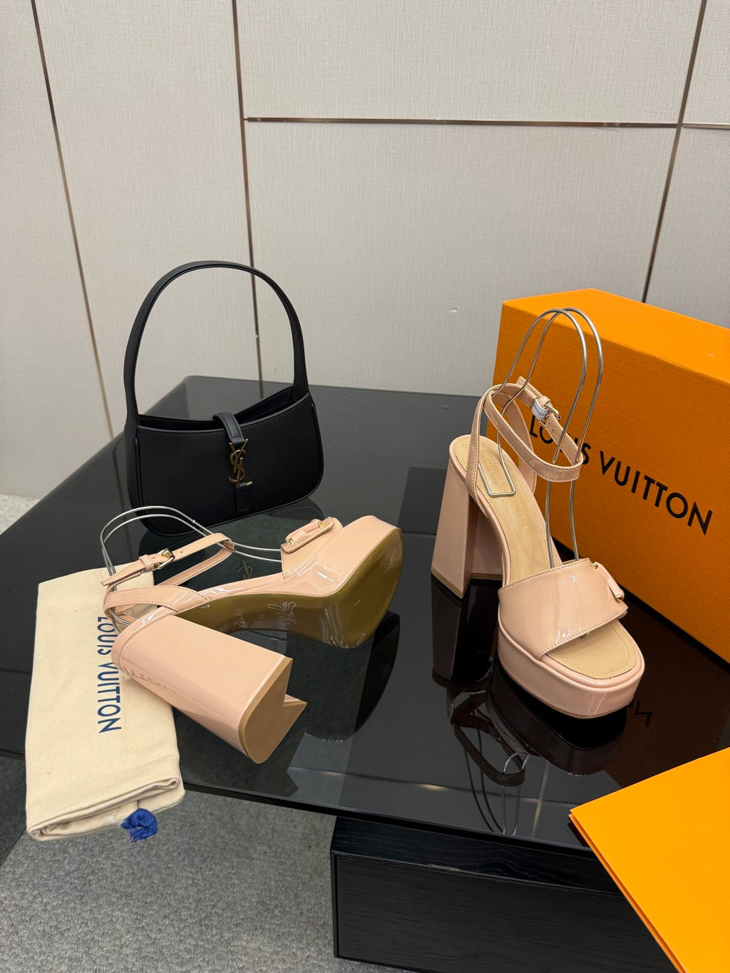 Beige Louis Vuitton platform sandals with ankle strap and square block heel