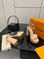 Beige Louis Vuitton platform sandals with ankle strap and square block heel