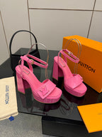 Women’s pink platform heeled sandals with ankle strap and squared toe