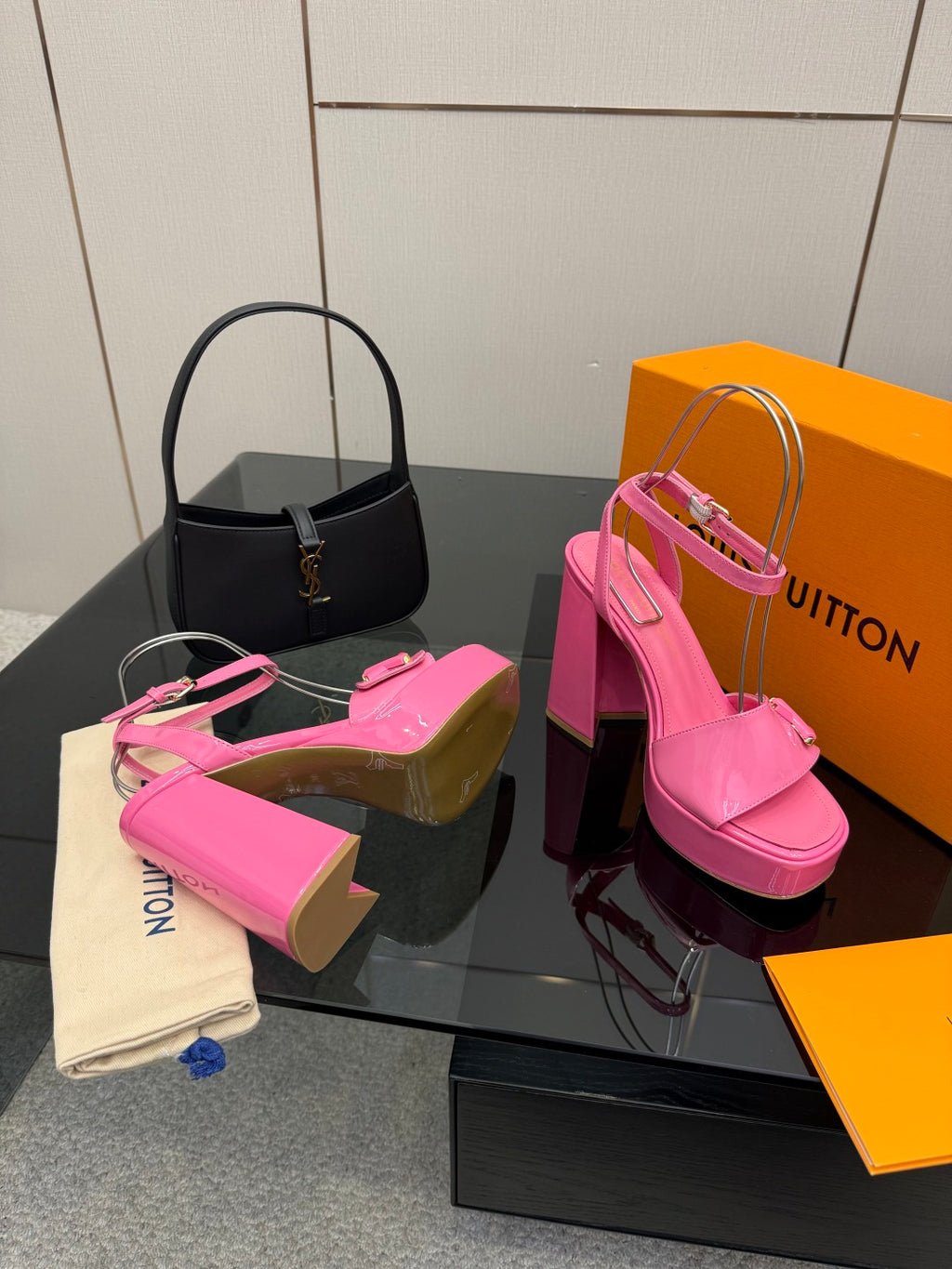 Women’s pink platform heeled sandals with glossy straps and block heel