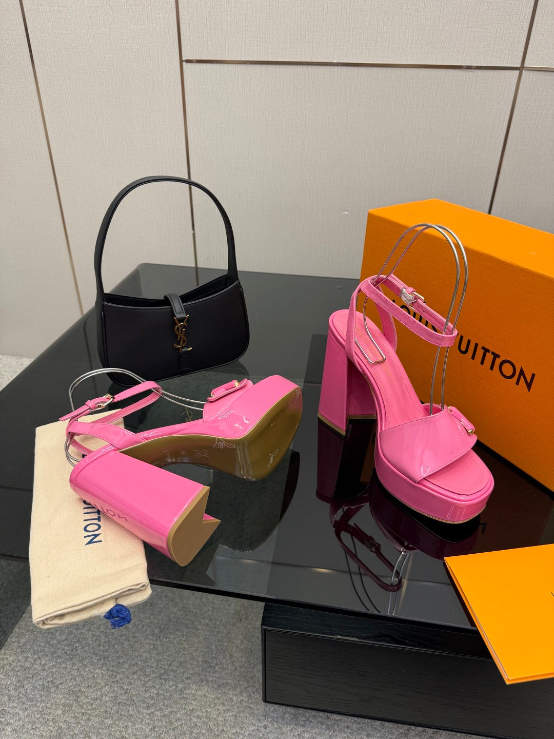 Women’s pink platform heeled sandals with glossy straps and block heel