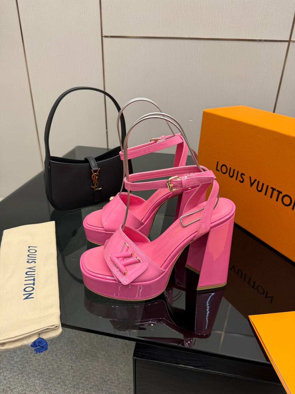 Women’s pink platform heeled sandals with wide straps and block heel