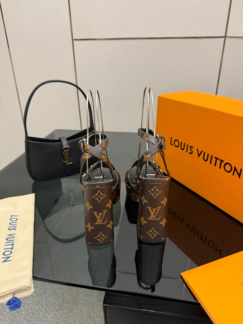Louis Vuitton women's platform heeled sandals in dark monogram with black toe and heel