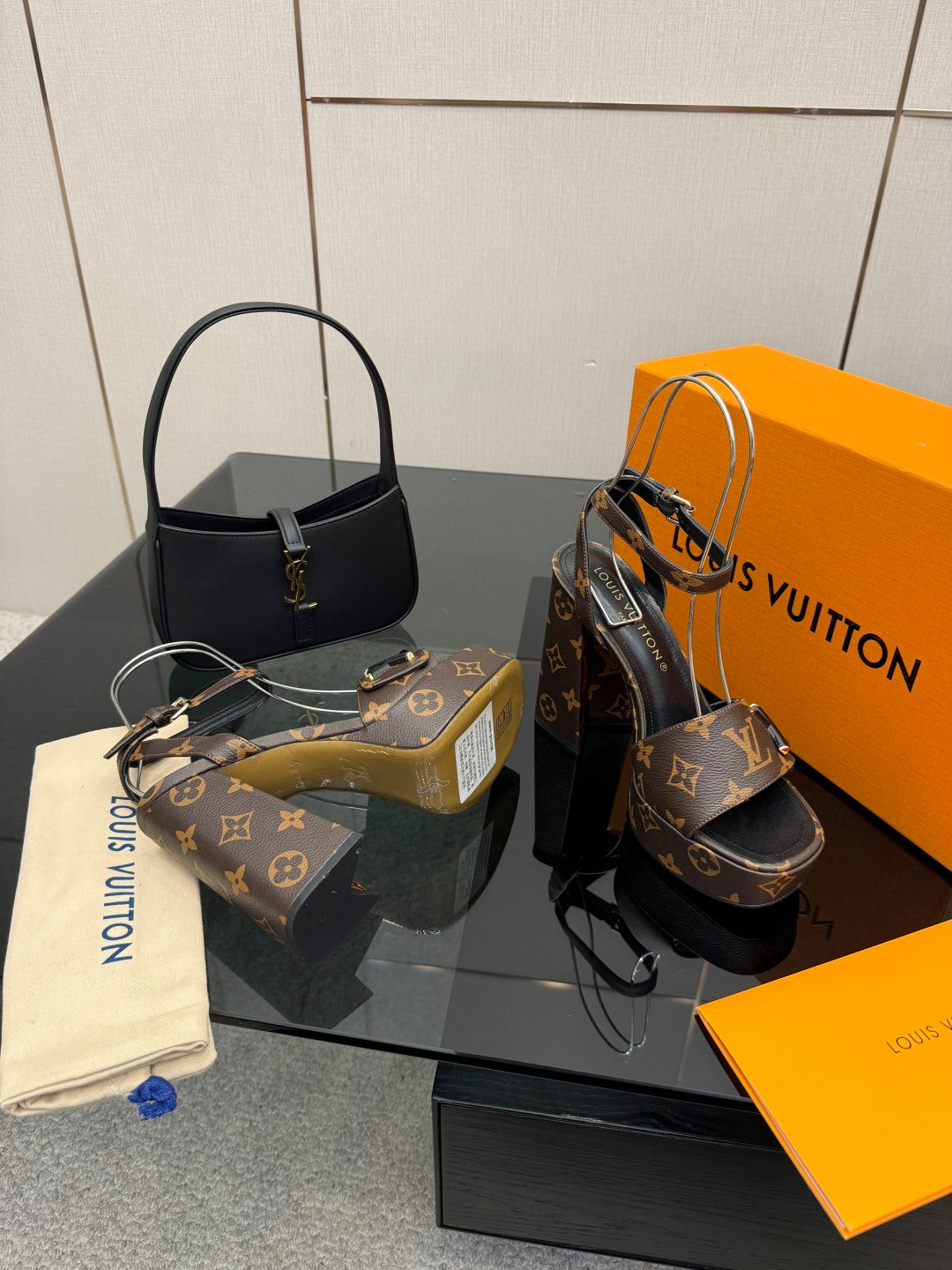Louis Vuitton women's platform heeled sandals, dark monogram with adjustable ankle strap