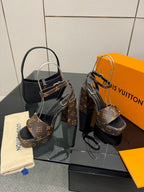 Louis Vuitton women's platform heeled sandals, dark monogram with wide ankle strap