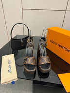 Louis Vuitton women's platform heeled sandals in dark brown monogram with black straps