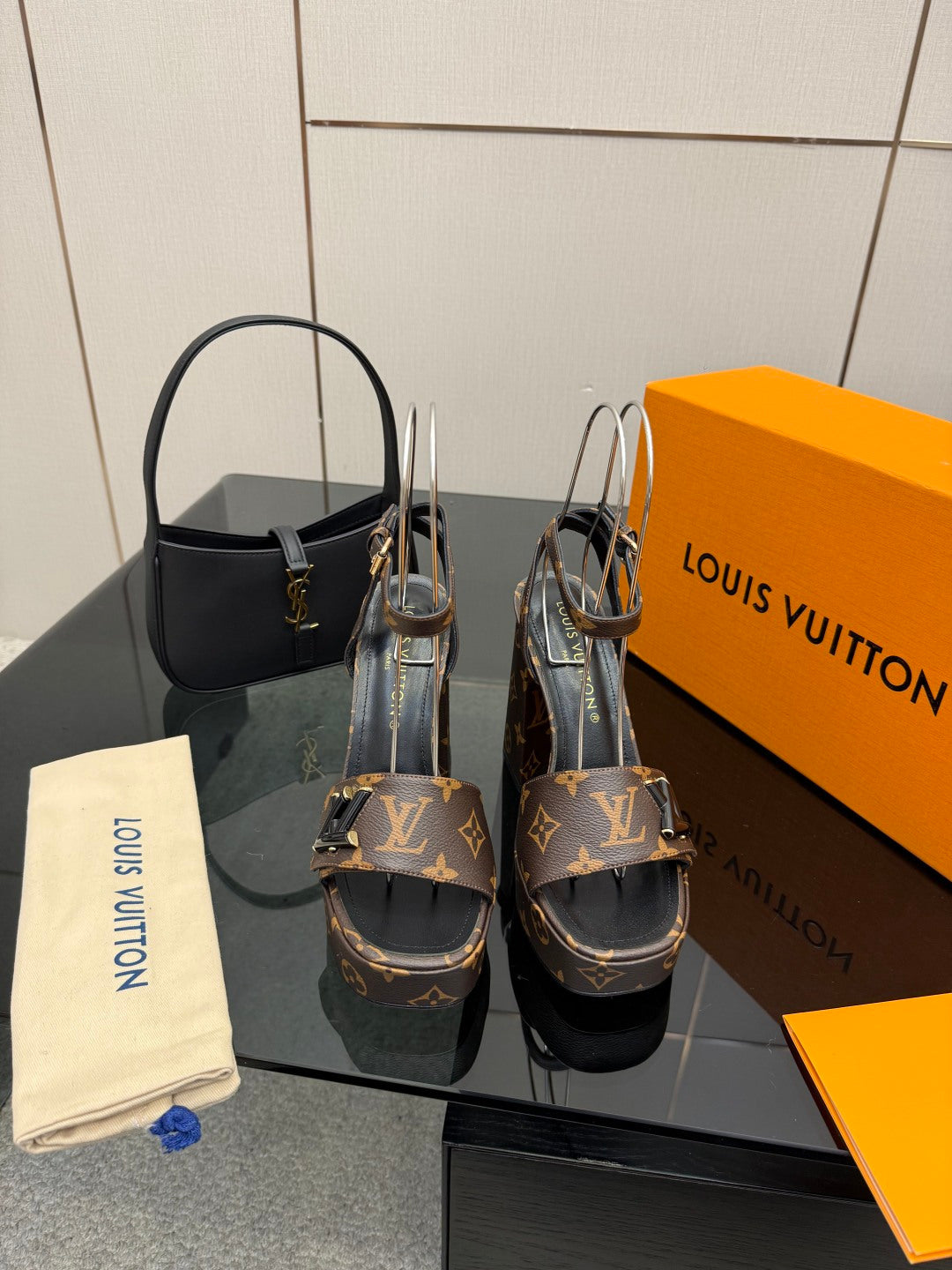 Louis Vuitton women's platform heeled sandals in dark brown monogram with black straps