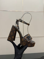 Louis Vuitton women's platform heeled sandals in dark monogram with open-toe strap