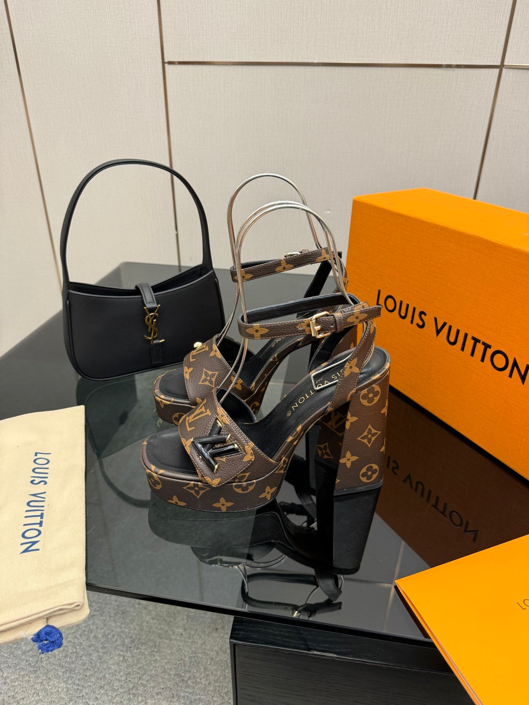 Louis Vuitton women's platform heeled sandals, dark monogram with ankle buckle straps
