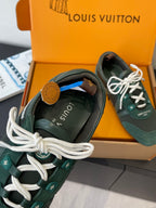 Louis Vuitton unisex sneakers toe view, teal suede with white laces and logo tongue