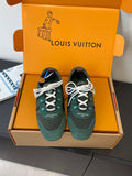 Louis Vuitton unisex sneakers, teal suede with white laces and stitched side panels