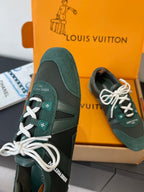 Louis Vuitton unisex sneaker, teal suede upper with white laces and side logo patch