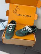 Teal and dark green lace-up sneakers with white laces and LV-style side accents