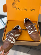 Unisex Louis Vuitton lace-up sneakers, pair with brown suede uppers and white trim