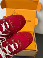 Louis Vuitton unisex red sneakers with white laces, heel and upper close-up in box
