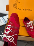 Louis Vuitton unisex red sneakers with white laces and side panel detail in box