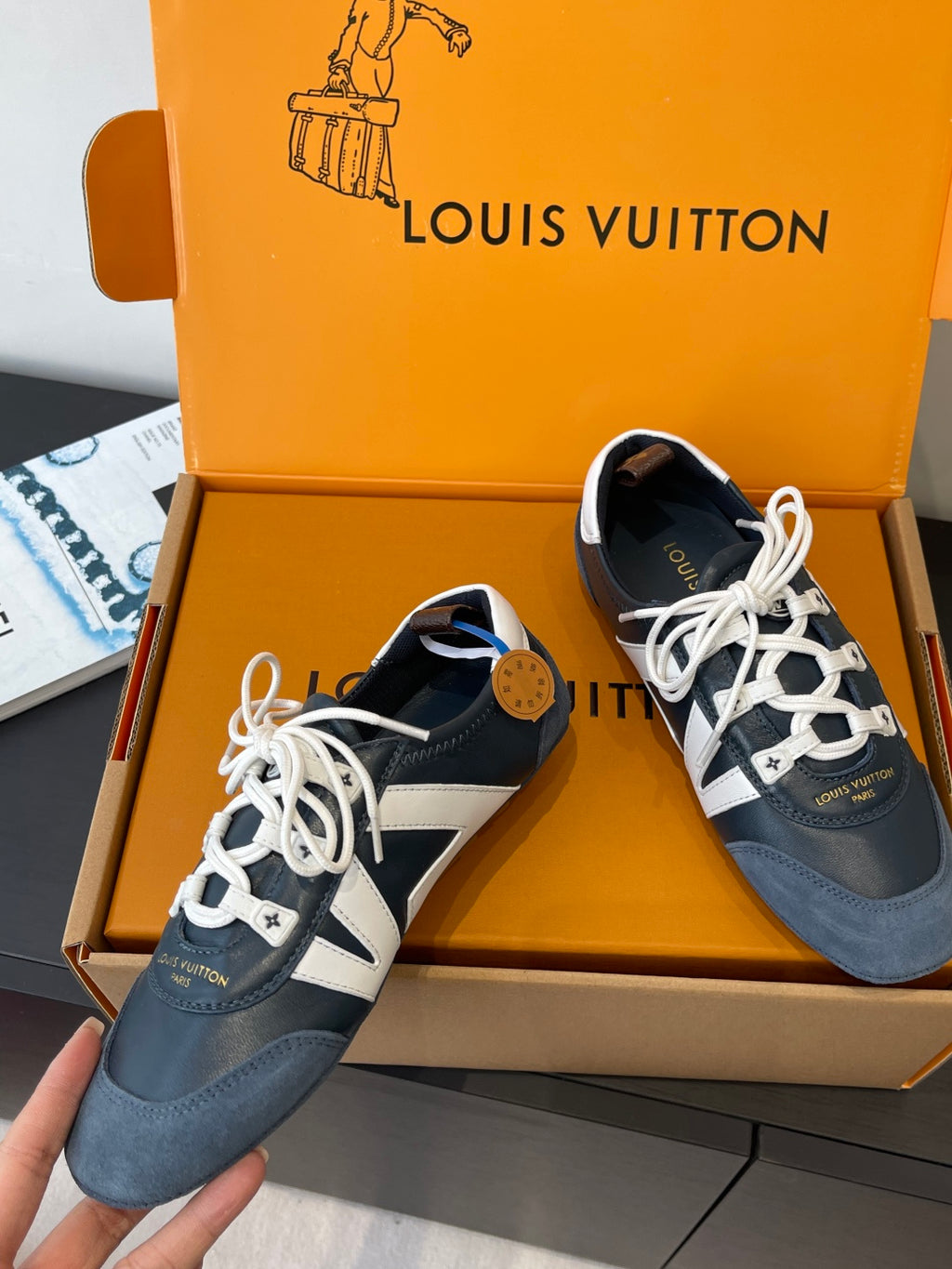 Louis Vuitton unisex luxury shoes, blue-and-white lace-up front