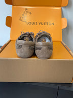 Unisex Louis Vuitton shoes in gray-brown suede with laces, shown from back with heels