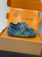 Unisex blue suede sneakers, lace-up with green stripe and fuzzy tongue detail