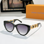 Louis Vuitton cat-eye sunglasses with black frame, purple lenses, gold chain detail