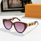 Louis Vuitton cat-eye sunglasses with burgundy frame, purple lenses, gold chain detail