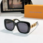 Louis Vuitton square sunglasses with black frames and gray-tinted lenses