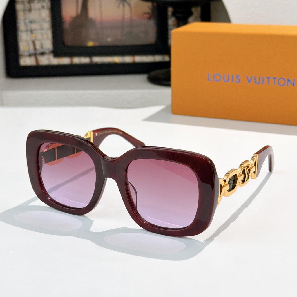Louis Vuitton square sunglasses with dark burgundy frames and pink-tinted lenses