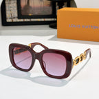 Louis Vuitton square sunglasses with dark burgundy frames and pink-tinted lenses