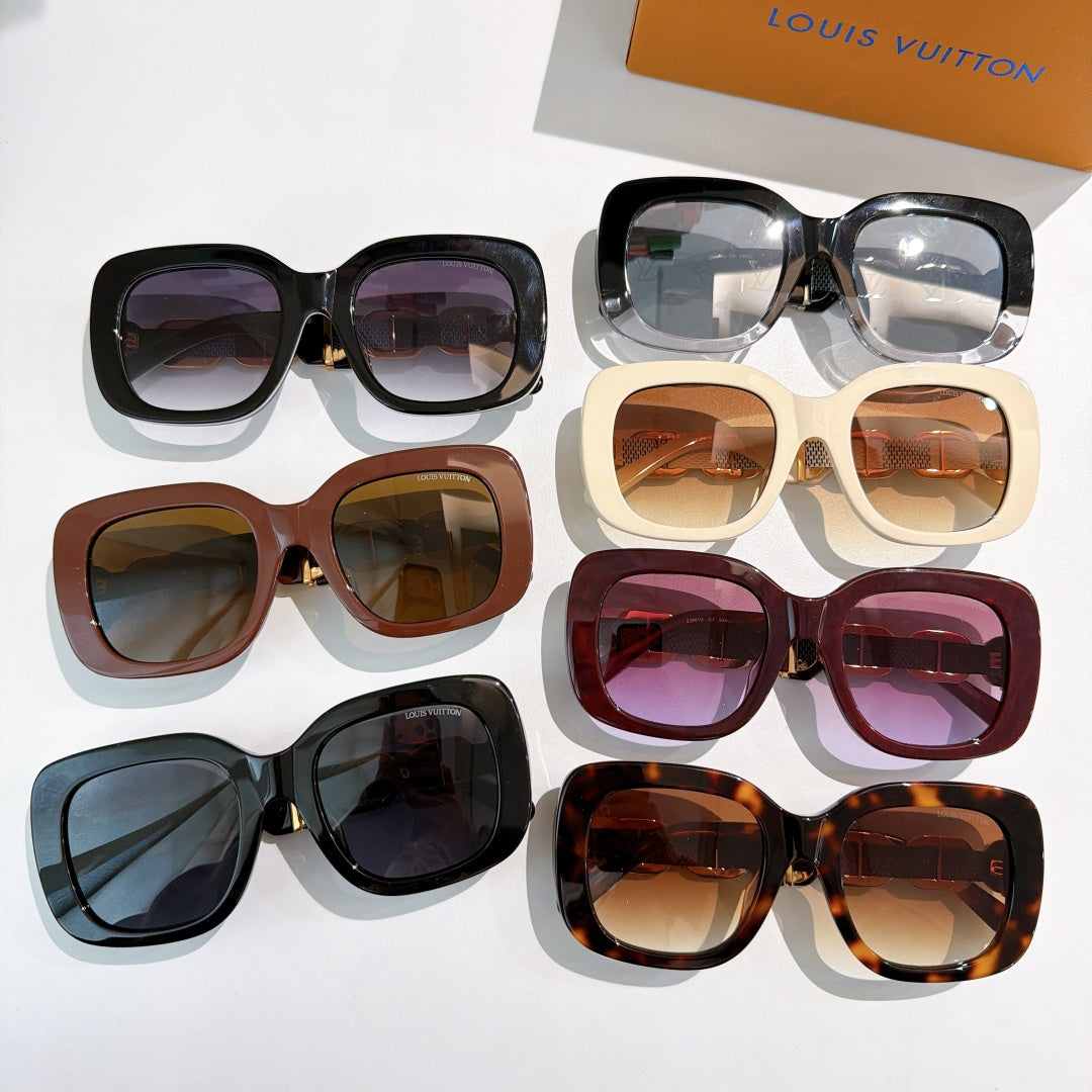 Louis Vuitton square sunglasses set with mixed frame colors and tinted lenses