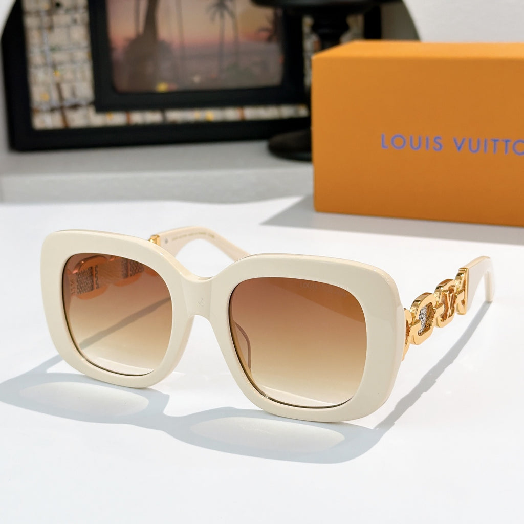 Louis Vuitton square sunglasses with cream frames and amber-tinted lenses