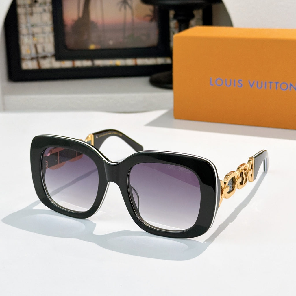 Louis Vuitton square sunglasses with black frames and purple-tinted lenses
