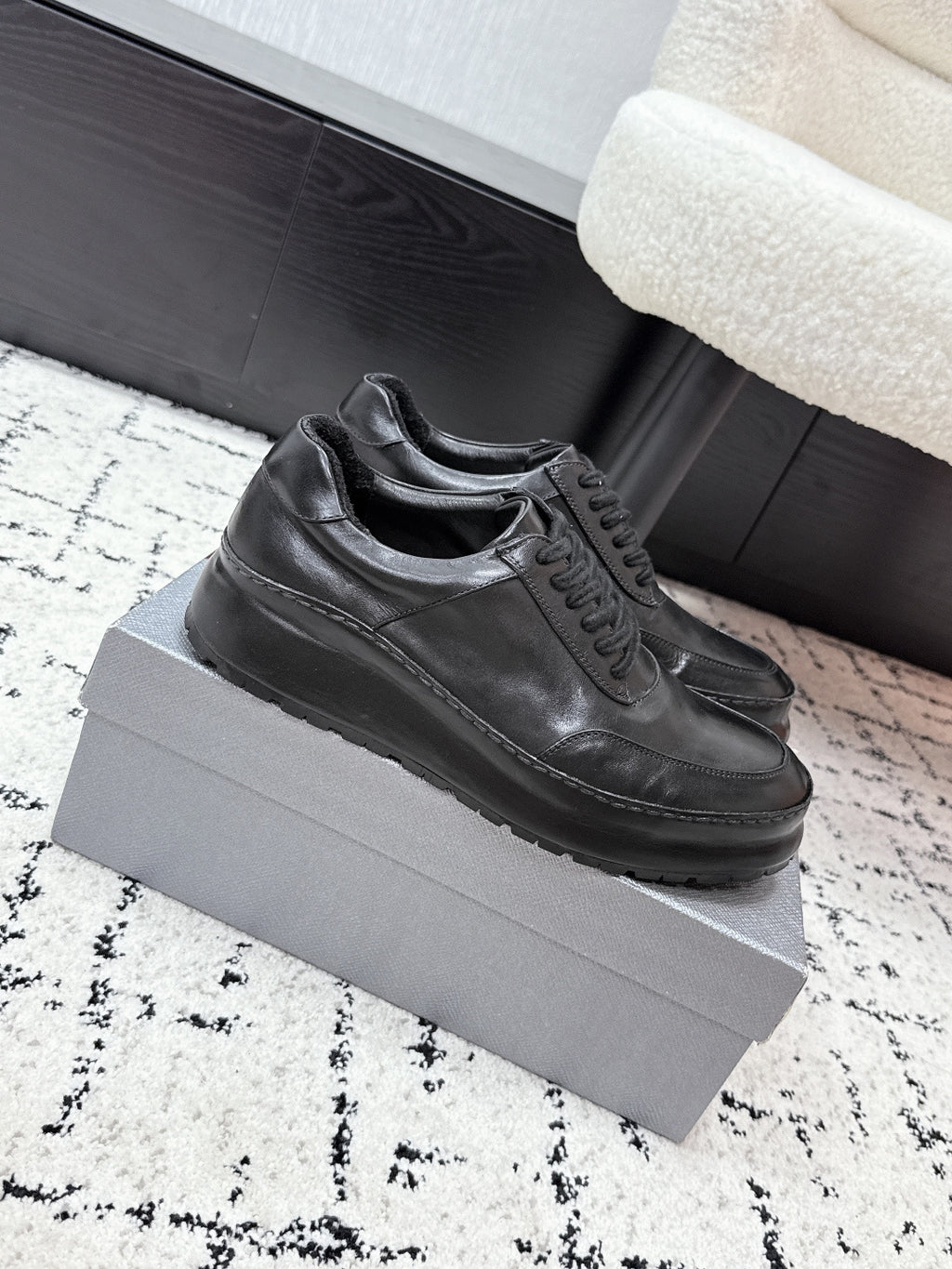 Prada unisex leather lace-up sneakers, dark black, streamlined profile