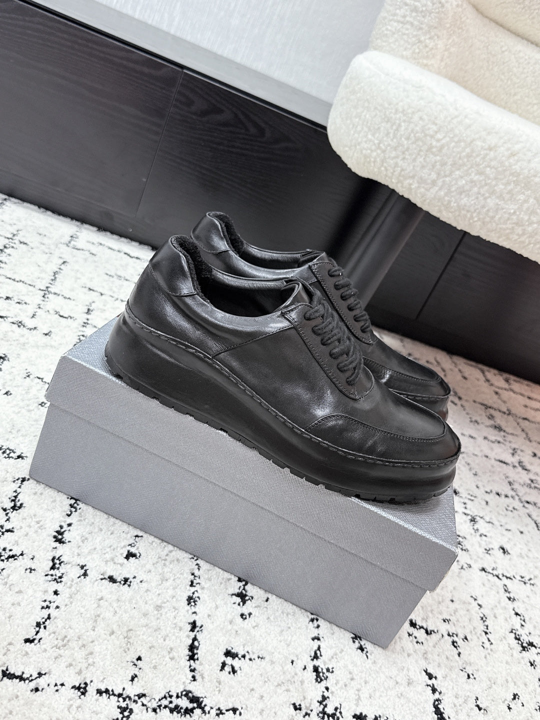 Prada unisex leather lace-up sneakers, dark black, streamlined profile
