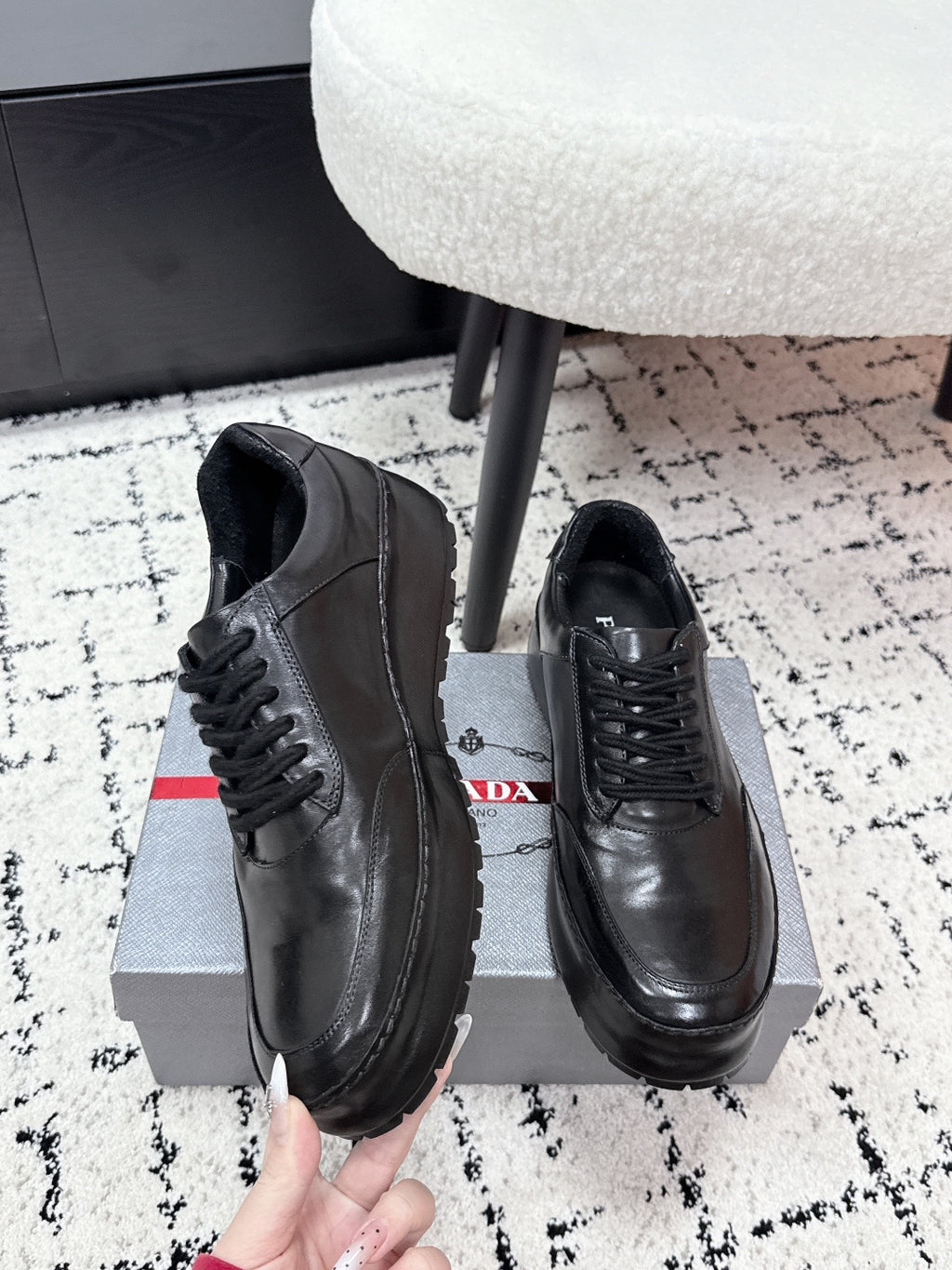 Prada unisex leather lace-up sneakers, dark black, laces and tongue detail