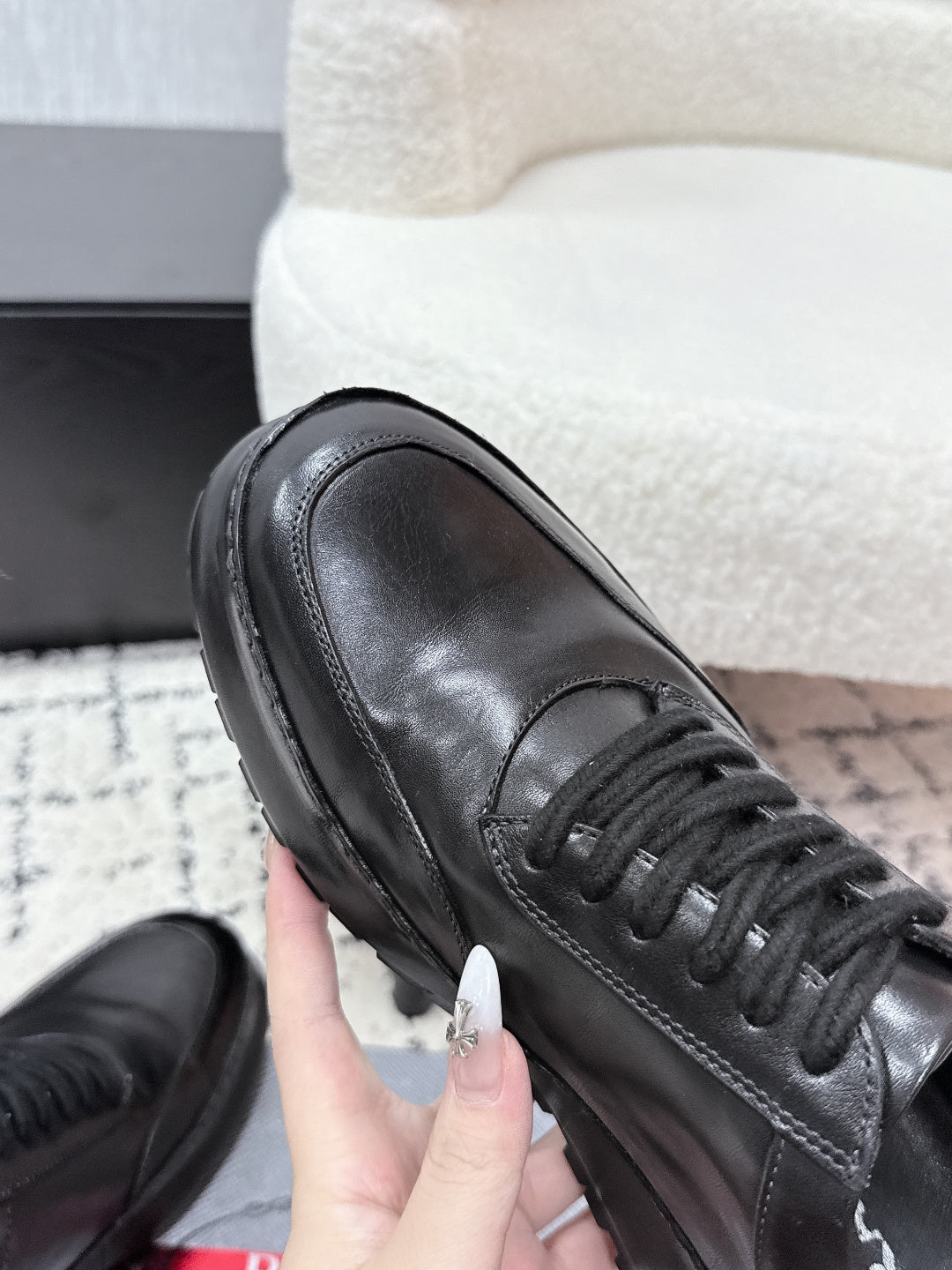 Prada unisex leather lace-up sneakers, dark black, toe and lace detail