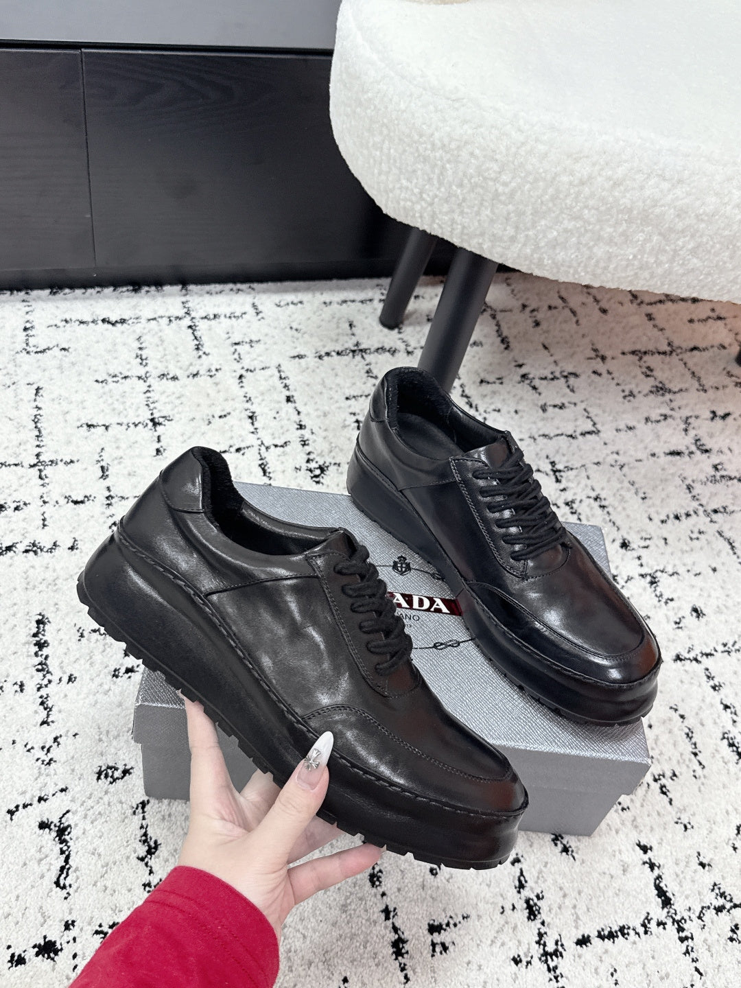 Prada unisex leather lace-up sneakers, dark black, front and lace-up style